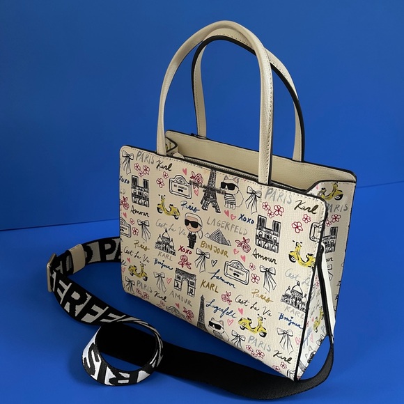 Karl Lagerfeld Handbags - Karl Lagerfeld White Graphic Print Handbag with Logo Strap